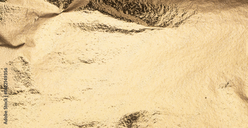 Poster gold foil texture with soft creases and reflective highlights, creating a luxurious and abstract metallic surface. Ideal for festive backgrounds, design projects, or wrapping visuals.