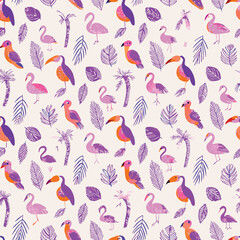 Seamless Pastel Tropical Birds and Jungle Leaves Vector Pattern