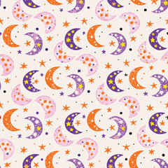 Seamless Celestial Pastel Moon Phases and Stars Pattern