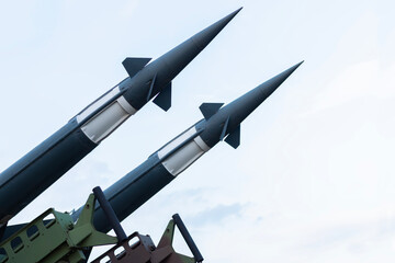 The missiles are aimed to the sky. Nuclear bomb, chemical weapons, missile defense, a system of salvo fire. Armed conflict. Military concept