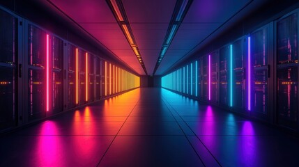 Futuristic server room illuminated with vibrant neon lights, showcasing advanced technology and design