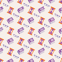 Seamless Antique Pastel Books and Hourglasses Vector Pattern