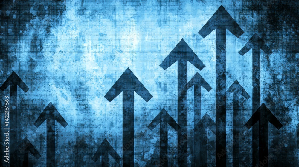 Aufkleber Blue background with many arrows pointing upwards. The arrows are all different sizes and are scattered throughout the image. Scene is one of growth and progress