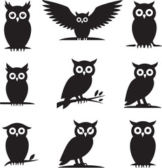 Collection of Nine Black Silhouette Owls in Various Poses