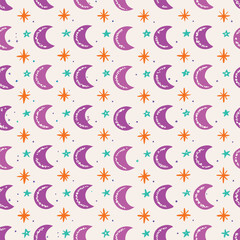 Seamless Sleepy Pastel Moons and Stars Vector Pattern
