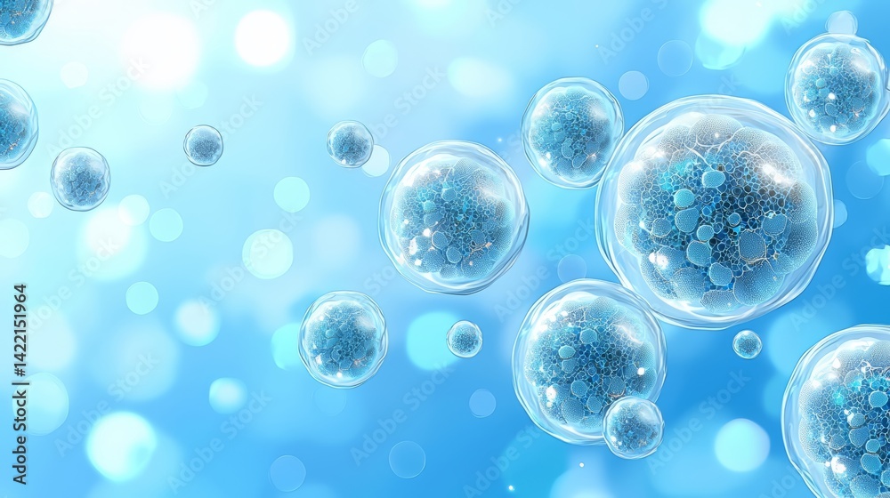 Poster Blue background with many small blue spheres. The spheres are all different sizes and are scattered throughout the image. Scene is calm and serene, with the blue background and the small