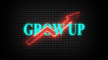 neon text "GROW UP", red glowing arrow pointing upwards, black grid background, financial chart, digital graph, growth concept, business visualization, 4k video - Powered by Adobe
