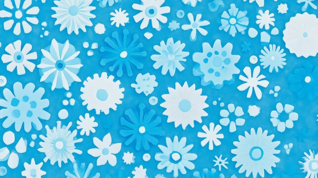 Blue background with many white flowers. The flowers are in different sizes and shapes. The image has a cheerful and bright mood