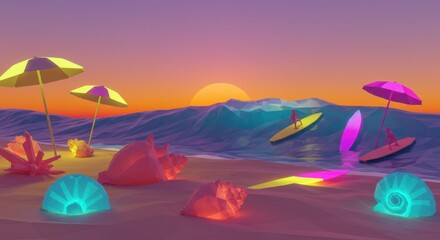 Glowing Sun and Abstract Seashells on a Stylized Beach Scene