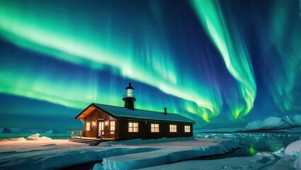 Northern Lights over a wooden cabin
