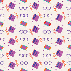Fototapeta premium Vintage Pastel Glasses, Books, and Stationery Pattern