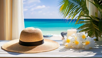 美しい海の景色の窓辺と麦わら帽子