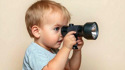 Curious toddler exploring with flashlight in playful indoor setting