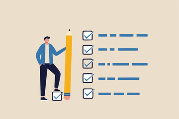 Getting things done, completed tasks or business accomplishment, finished checklist, achievement or project progression concept, businessman expert holding pencil tick all completed task checkbox.