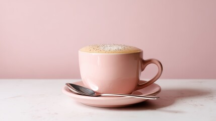 Obraz premium Stylish pink coffee cup with spoon.