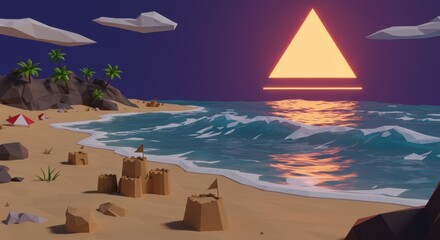 Naklejka premium Futuristic Low-Poly Beach with Glowing Triangular Sun and Geometric Sandcastles