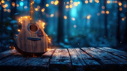 Acoustic Melody on Wooden Stage Beneath Ambient Lights in Serene Evening Forest Ambiance