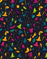 Obraz premium Whimsical wizardry background with magical hats and wands creates a charming and playful festive ambiance, filled with color.