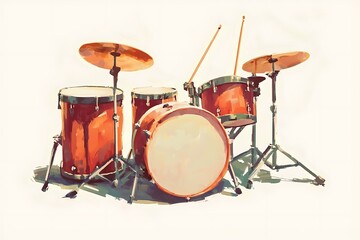 Impressionistic Painting of a Classic Drum Set on White