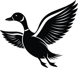 Flying duck silhouette, flying duck on white background