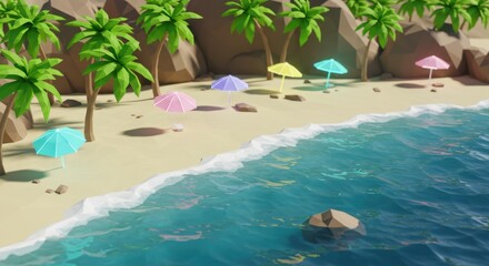 Stylized Tropical Beach Scene with Glowing Sun Umbrellas