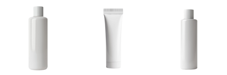 A set of sleek milk bottles in perfect upright stance, isolated on a transparent background