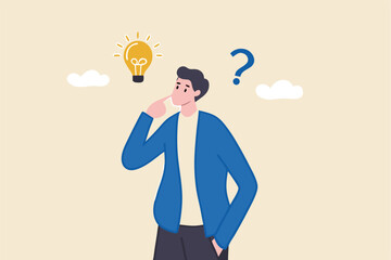 Obraz premium Solution to solve problem, asking question and answer, discover idea, solving business difficulty concept, thoughtful businessman think of solution to solve problem with lightbulb and question mark.