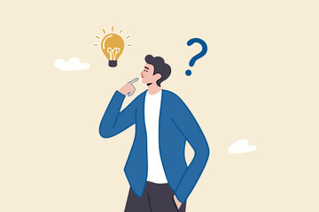 Solution to solve problem, asking question and answer, discover idea, solving business difficulty concept, thoughtful businessman think of solution to solve problem with lightbulb and question mark.
