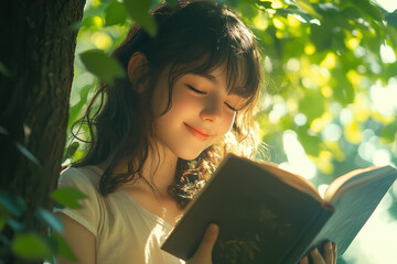 Young girl engrossed in a book under a tree, surrounded by dappled sunlight filtering through lush green leaves.