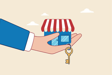 Small business key to success, open new shop, start new business or company, entrepreneur or SME, growing or increase product sale concept, businessman hand hold small business shop with golden key.