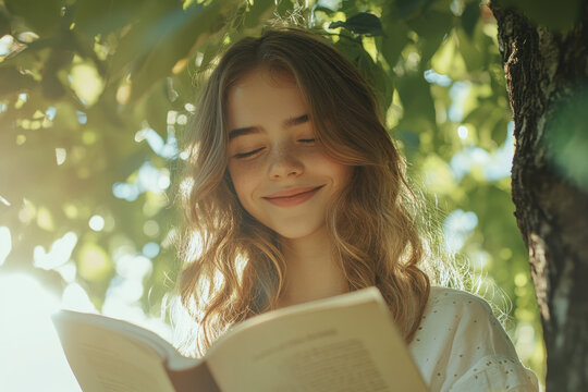 Girl engrossed in book under tree, dappled sunlight illuminates pages, peaceful scenery with bright green foliage and colorful flowers around.