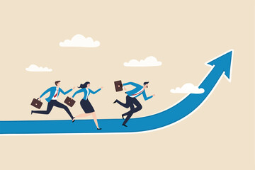 Growth strategy, career path development or growing business, employee training or improvement, job promotion concept, businessman people employees running on career path arrow in rising up direction.
