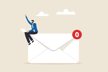 Email management, handle many emails or manage to reply all emails, efficiency or productive way, prioritize or categorize information concept, businessman work with computer laptop on email envelope.