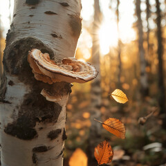 Chaga mushroom with autumn leaves on birch tree in forest