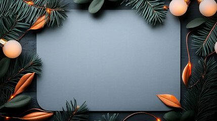 Golden Frame with Fairy Lights and Greenery on Dark Wooden Floor