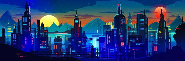 Naklejka premium Violet Urban Skyline Silhouette with Golden Sunset and Mountain Background