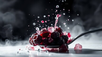 Spoonful of fresh blackberries and ice cubes with splashing liquid effect
