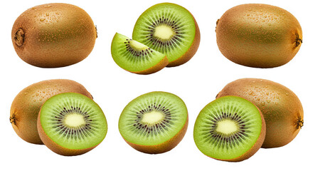Fototapeta premium Fresh green kiwi fruit, halved and sliced, isolated on a white background, perfect for a healthy diet