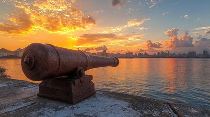 Antique cannon at sunset over city