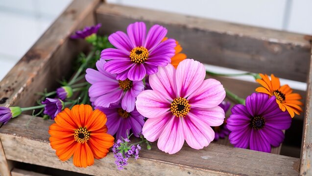 Rustic Wooden Crate Displaying Purple and Orange Cosmos and Chelones
