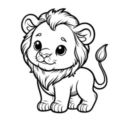 Vector illustration of a cute cartoon lion cub with large eyes and a fluffy mane in black and white. Represents wildlife, animals, nature, and a charming, graphic aesthetic for children.