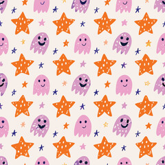Gentle Halloween Pastel Cute Ghosts Vector Pattern