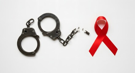 Handcuffs and Red Ribbon Symbolize Freedom and Aids Awareness