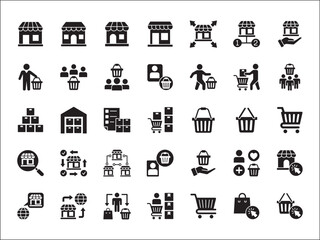 Online shop and store icon set. Consumer and goods icons. Set contains symbol of marketplace, network branch store, front shop, shopping basket, trolley, goods stock. vector illustration
