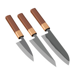 Three kitchen knives with wooden handles and sharp blades