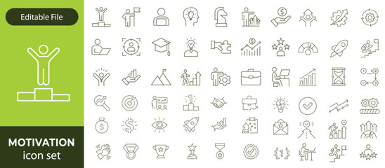 Motivation line editable icon set. Containing personal growth, goal setting, perseverance, achievement, teamwork, passion, thumbs up, and more. Vector illustration