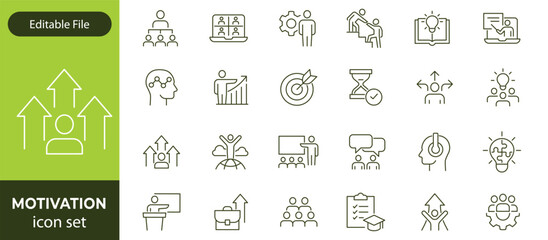 Motivation line editable icon set. Containing personal growth, goal setting, perseverance, achievement, teamwork, passion, thumbs up, and more. Vector illustration