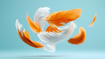 Graceful Slow Motion Fall of White and Orange Feathers on Light Blue Background