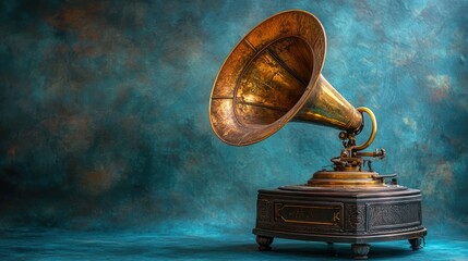 Antique gramophone on teal backdrop