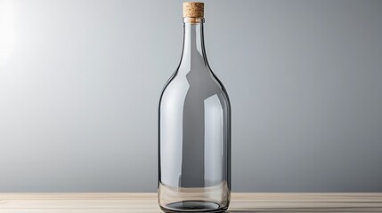 Empty glass bottle with cork on wooden table and soft background
